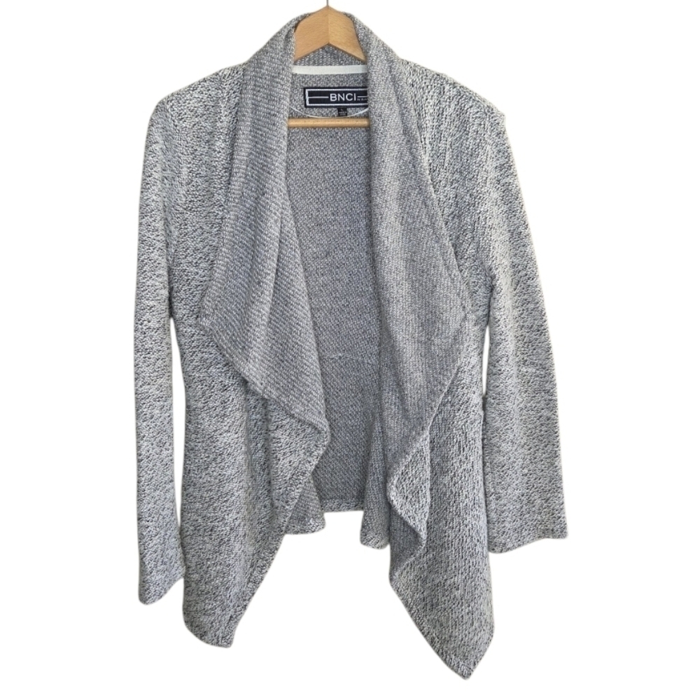 BNCI by Blanc Noir Gray Marled Open Front Waterfall Knit Cardigan Sweater Jacket